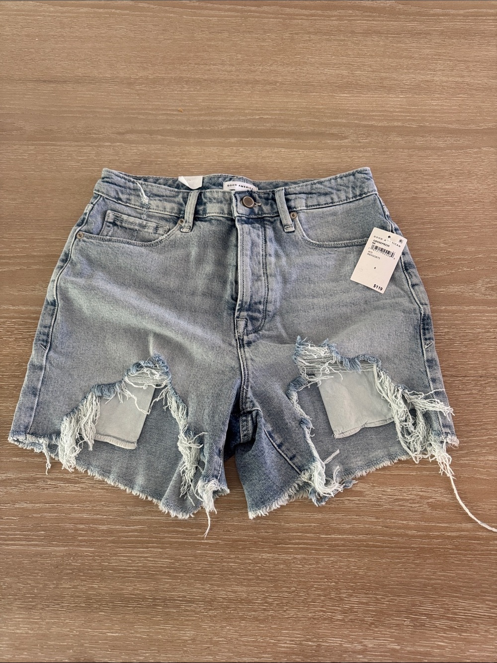 Good American Light Wash Frayed Distressed Denim Shorts